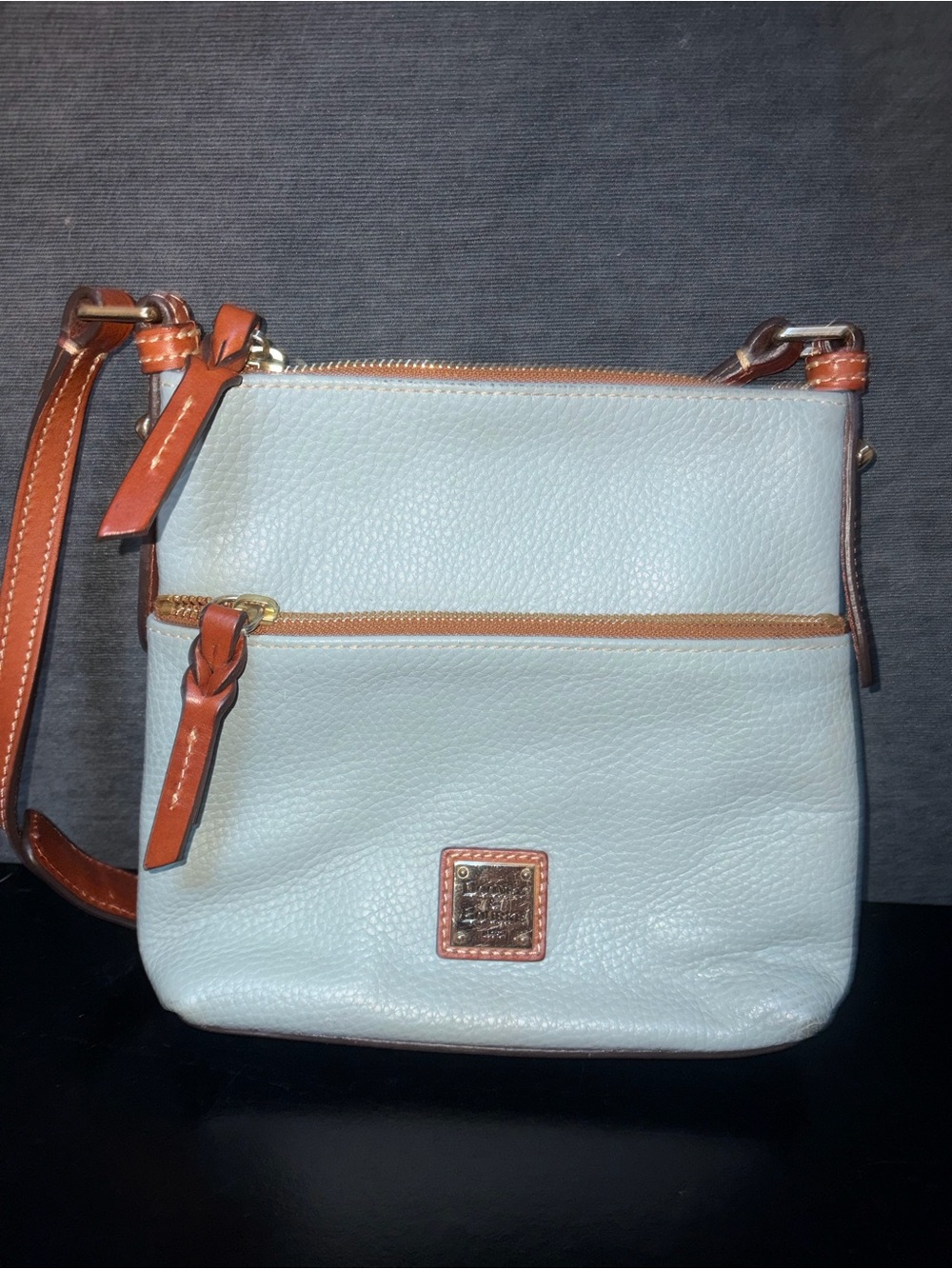 Dooney & Bourke Light Blue Pebbled Leather Mini Crossbody with Tan Trim